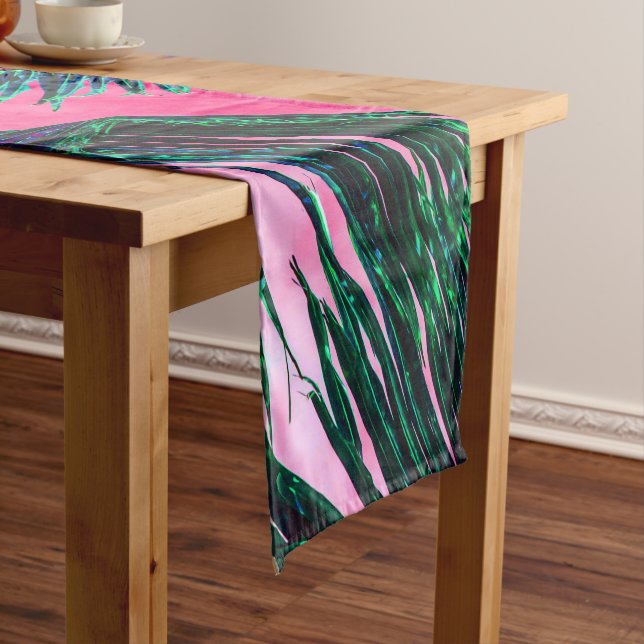 Pink Teal Tropical Summer Palm Tree Fronds Short Table Runner (In Situ)