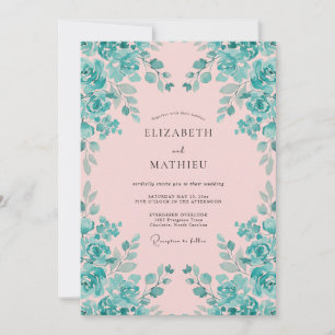 Pink Teal Vibrant Watercolor Wedding Invitation