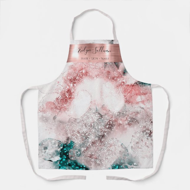Pink Teal Watercolor Beauty Professional Apron (Front)