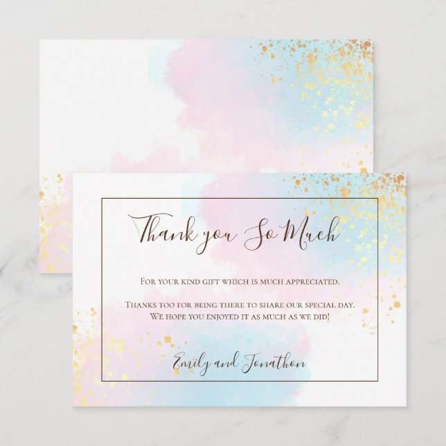 Pink Teal Watercolor Gold Confetti Wedding Thank You Card (Front/Back)