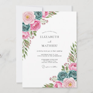 Pink Teal Watercolor Spring Wedding Invitation