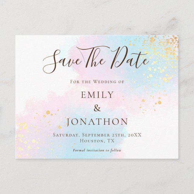 Pink Teal Watercolors Gold Wedding Save The Date Postcard (Front)