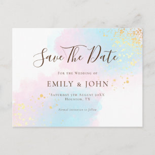 Pink Teal Watercolors Gold Wedding Save The Date Postcard