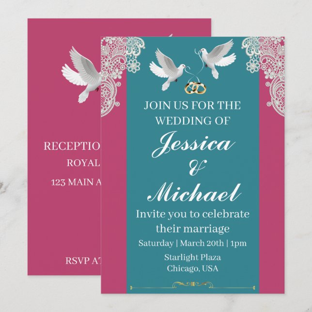Pink & Teal Wedding Invitation (Front/Back)