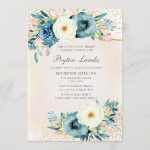 Pink Teal White Floral Glitter Bridal Shower Invitation
