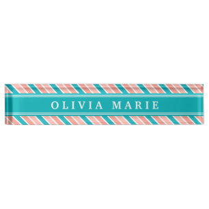 Pink Teal White Stripe Pattern with Name Nameplate