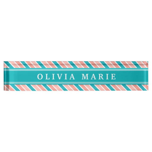 Pink Teal White Stripe Pattern with Name Nameplate (Front)