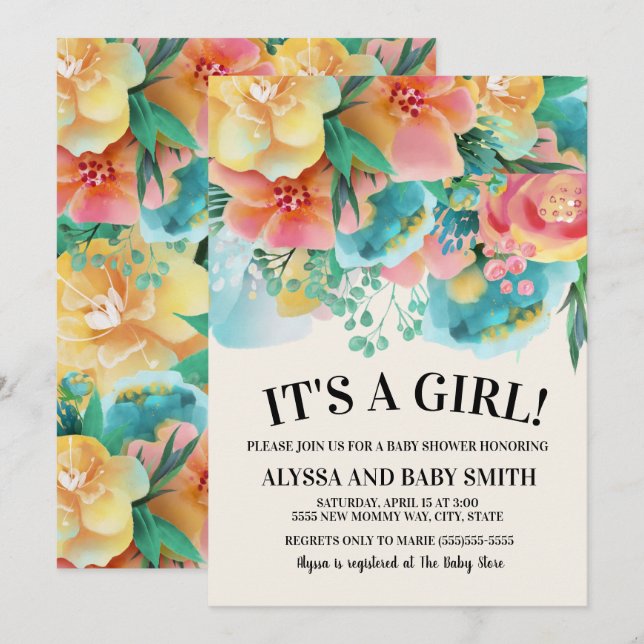 Pink Teal Yellow Floral Baby Shower Invitation (Front/Back)