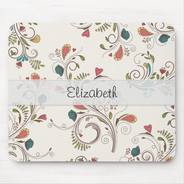 Pink Teal Yellow Flower Swirl Stitched Vellum Mouse Pad (Front)