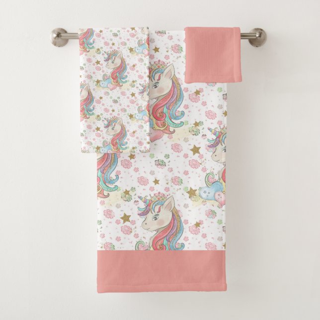 Pink Teal Yellow Unicorn Colourful Bath Towel Set (Insitu)
