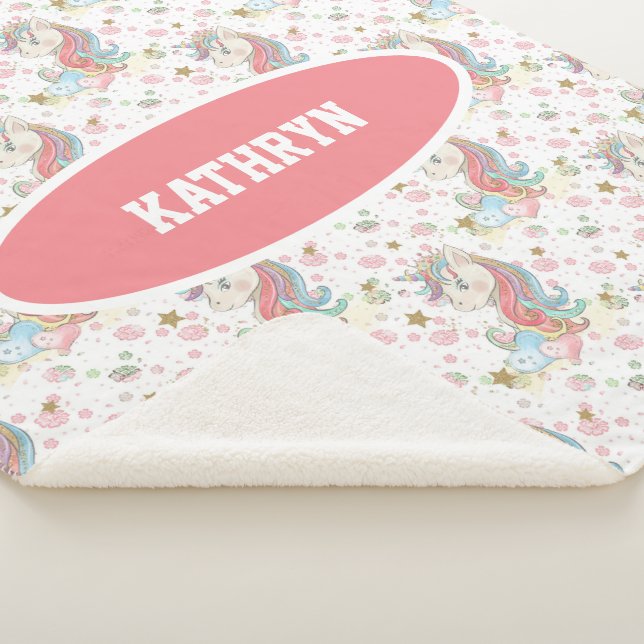 Pink Teal Yellow Unicorn Colourful Sherpa Blanket (3/4)