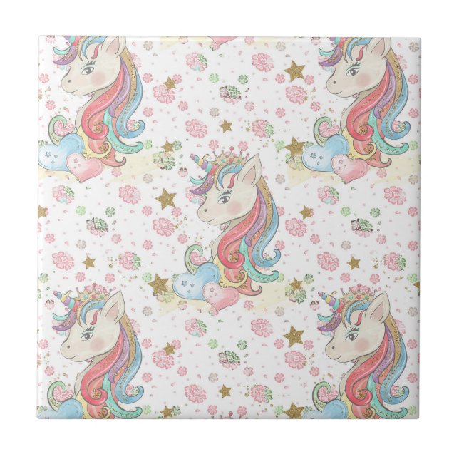 Pink Teal Yellow Unicorn Colourful Tile (Front)