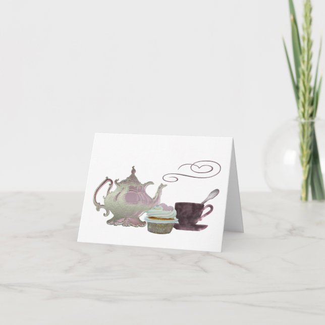 Pink Teapot, Teacup and Cupcake Art Card (Front)
