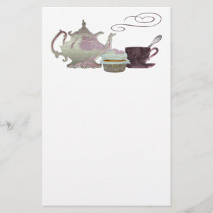 Pink Teapot, Teacup and Cupcake Art Stationery