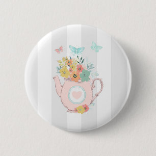 Pink Teapot with Flowers & Butterflies 2 Inch Round Button