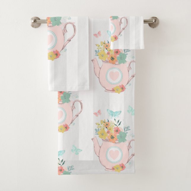 Pink Teapot with Flowers & Butterflies Bath Towel Set (Insitu)