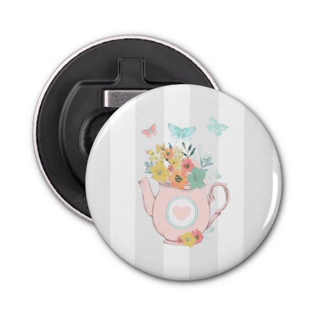 Pink Teapot with Flowers & Butterflies Bottle Opener (Front)