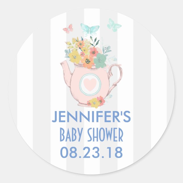 Pink Teapot with Flowers & Butterflies Classic Round Sticker (Front)