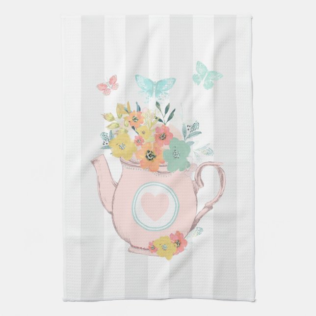 Pink Teapot with Flowers & Butterflies Kitchen Towel (Vertical)