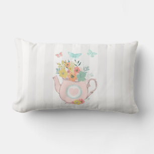 Pink Teapot with Flowers & Butterflies Lumbar Pillow