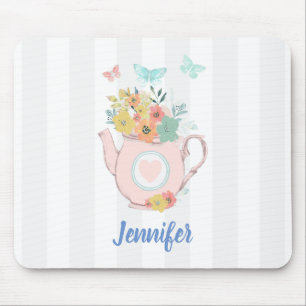 Pink Teapot with Flowers & Butterflies Mouse Pad
