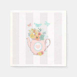 Pink Teapot with Flowers & Butterflies Napkin