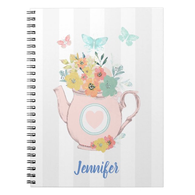 Pink Teapot with Flowers & Butterflies Notebook (Front)