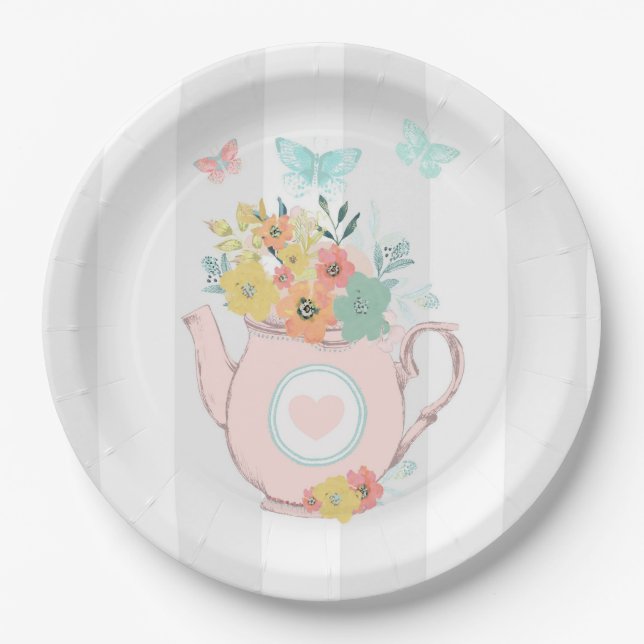 Pink Teapot with Flowers & Butterflies Paper Plate (Front)