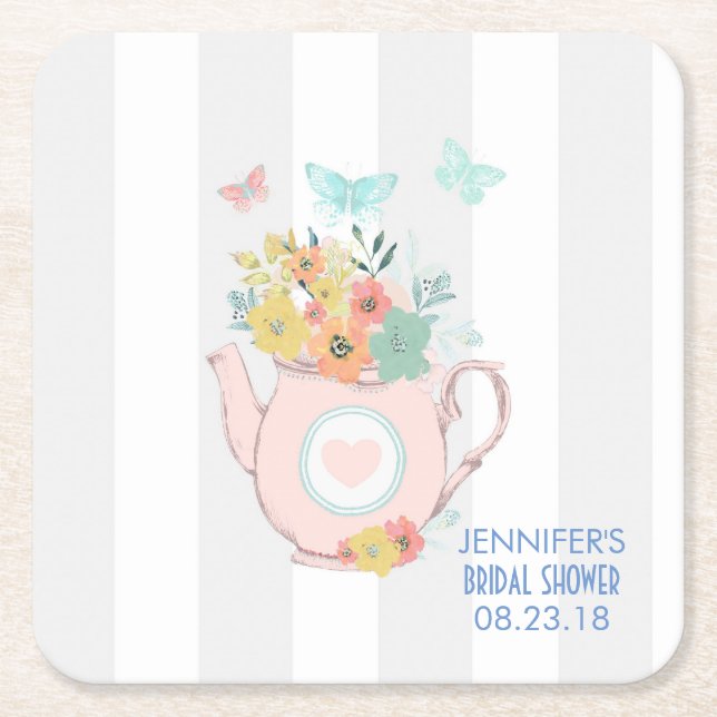 Pink Teapot with Flowers & Butterflies Party Square Paper Coaster (Front)
