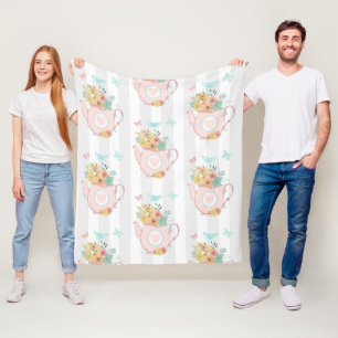 Pink Teapot with Flowers & Butterflies Pattern Fleece Blanket