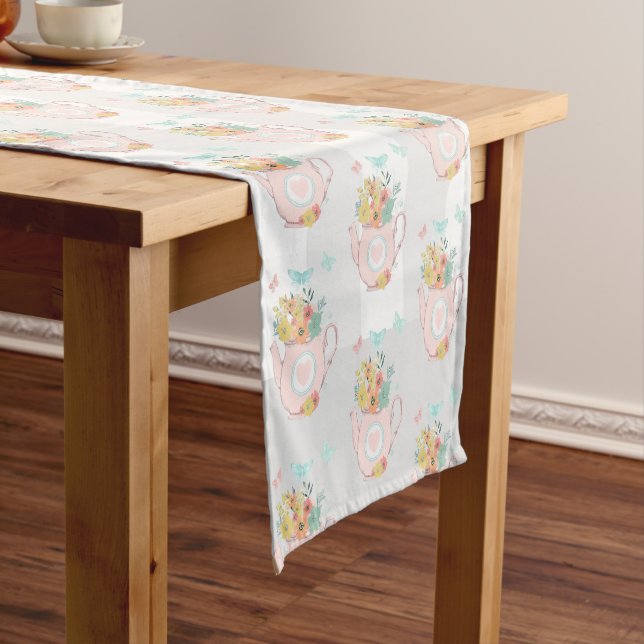 Pink Teapot with Flowers & Butterflies Pattern Short Table Runner (In Situ)