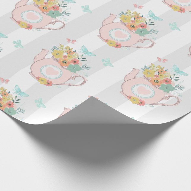 Pink Teapot with Flowers & Butterflies Pattern Wrapping Paper (Corner)