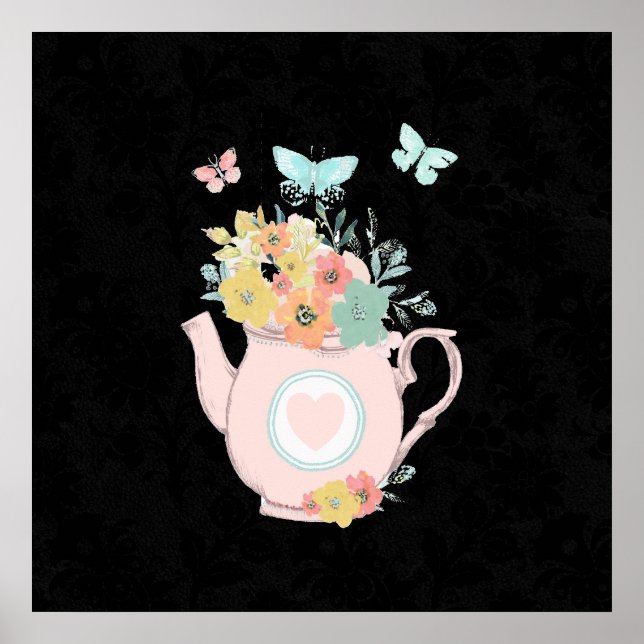 Pink Teapot with Flowers & Butterflies Poster (Front)