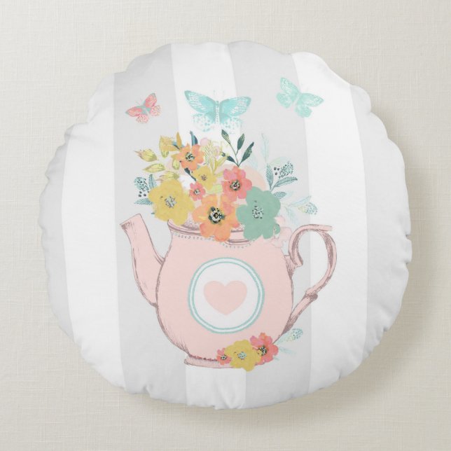 Pink Teapot with Flowers & Butterflies Round Pillow (Front)