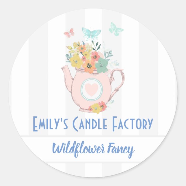 Pink Teapot with Flowers & Butterflies Scent Name Classic Round Sticker (Front)