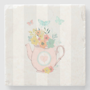 Pink Teapot with Flowers & Butterflies Stone Coaster