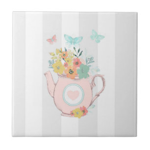 Pink Teapot with Flowers & Butterflies Tile