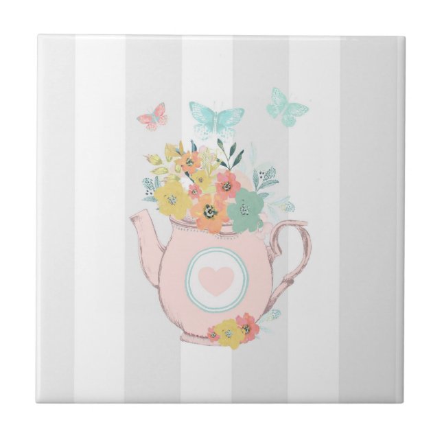 Pink Teapot with Flowers & Butterflies Tile (Front)