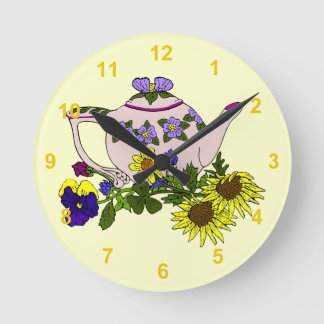 Pink Teapot With Flowers on Yellow Round Clock