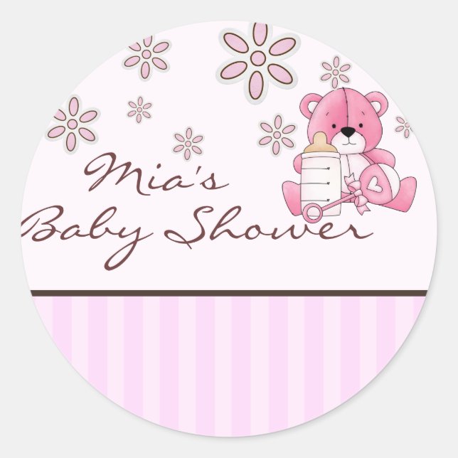 Pink Teddy Baby Shower Sticker (Front)