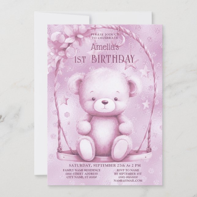 Pink Teddy Bear 1st Birthday Invitation (Front)