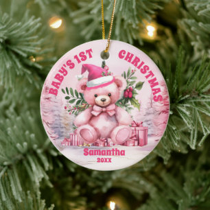 Pink Teddy Bear Baby 1st Christmas Photo Ornament