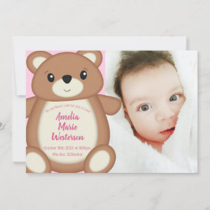 Pink Teddy Bear Baby Birth Announcement