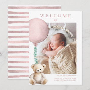 Pink Teddy Bear Baby Girl Photo Birth Announcement