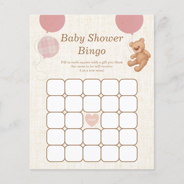 Pink Teddy Bear Baby Shower Bingo Game (Front)