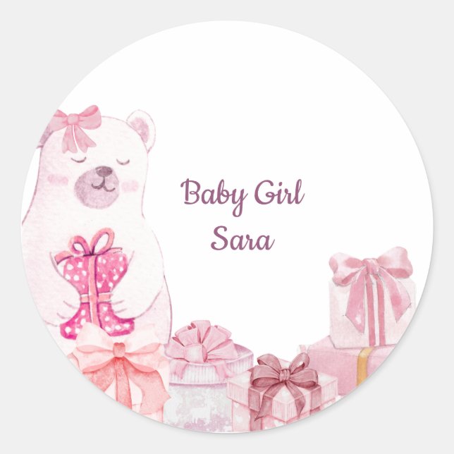Pink Teddy Bear Baby Shower Favor Sticker (Front)