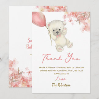 Pink Teddy Bear Baby Shower | Floral Baby Girl Thank You Card