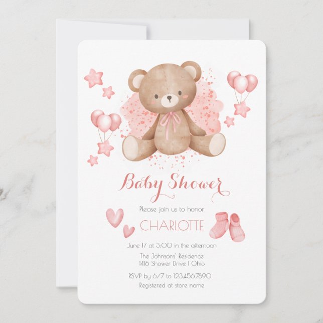 Pink Teddy Bear Baby Shower Invitation (Front)