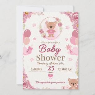 Pink Teddy Bear Baby Shower Invitation