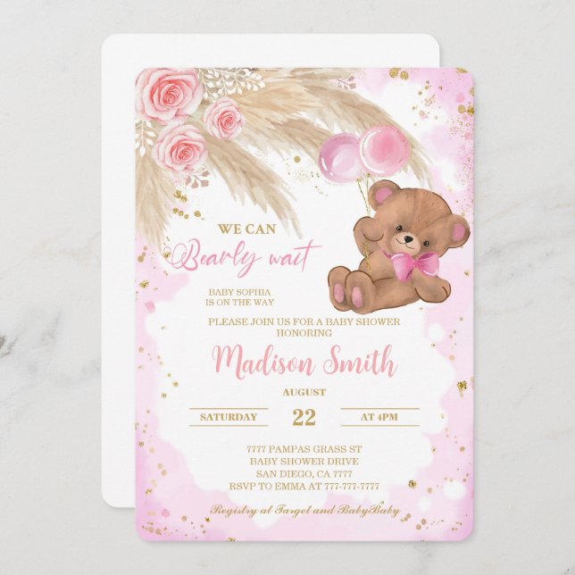 Pink Teddy Bear Baby Shower Invite (Front/Back)